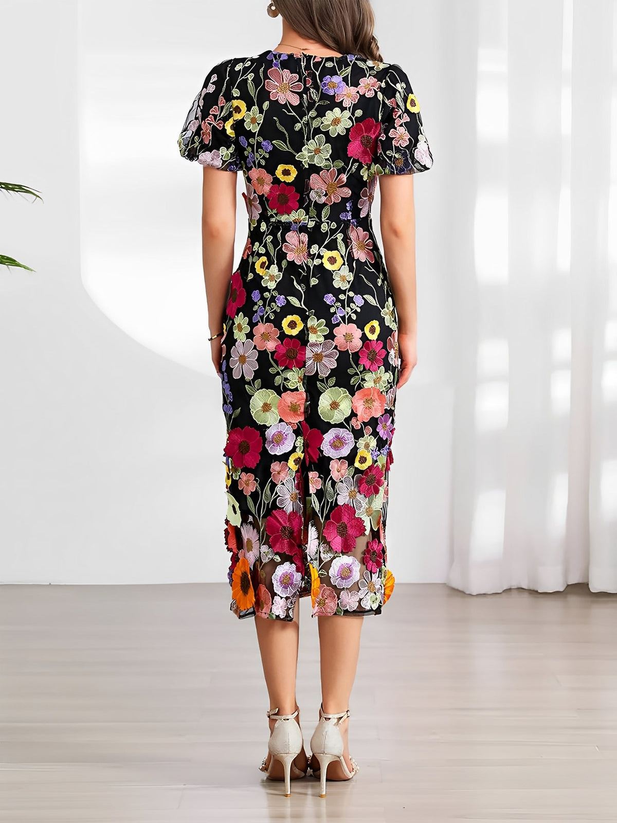Flower Embroidered Puff Sleeves Midi Sheath Dress