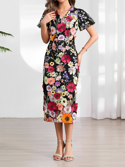Flower Embroidered Puff Sleeves Midi Sheath Dress