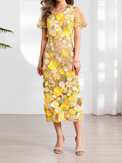 Flower Embroidered Puff Sleeves Midi Sheath Dress