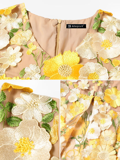 Flower Embroidered Puff Sleeves Midi Sheath Dress