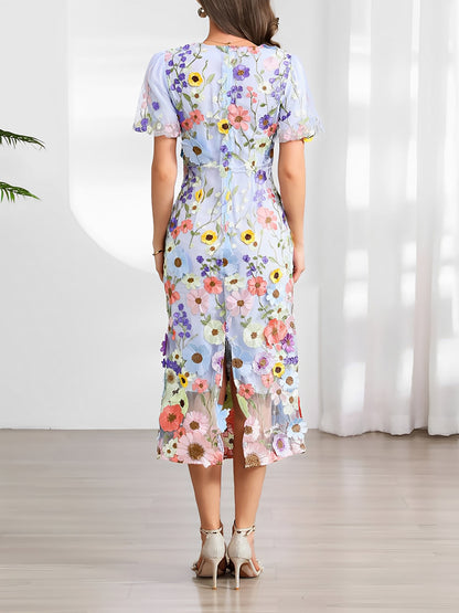 Flower Embroidered Puff Sleeves Midi Sheath Dress