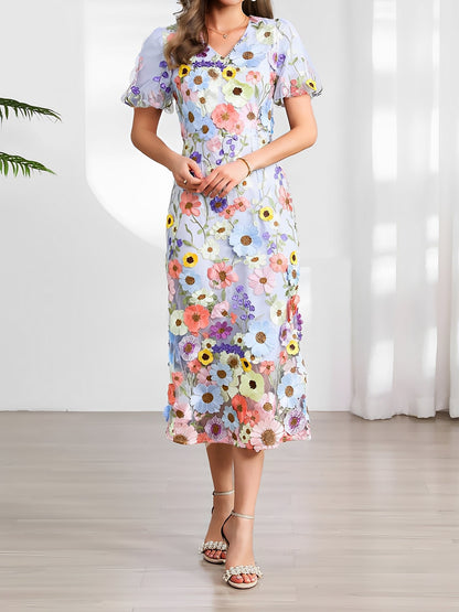 Flower Embroidered Puff Sleeves Midi Sheath Dress