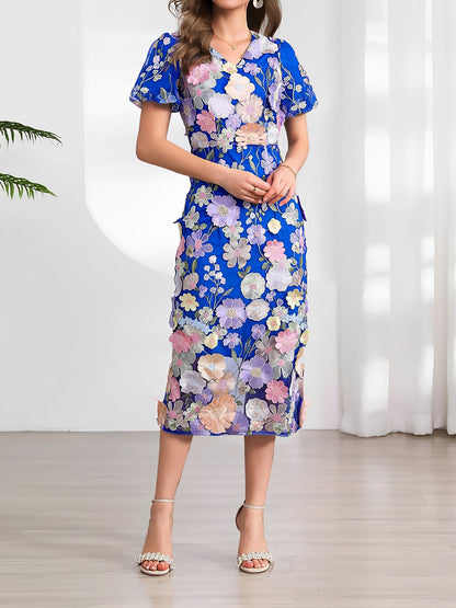 Flower Embroidered Puff Sleeves Midi Sheath Dress