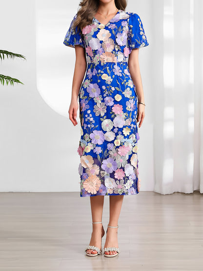 Flower Embroidered Puff Sleeves Midi Sheath Dress