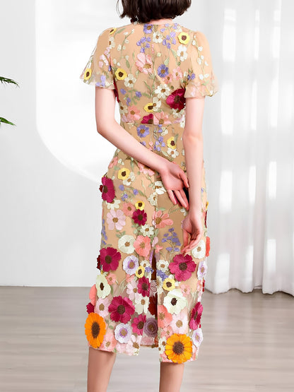 Flower Embroidered Puff Sleeves Midi Sheath Dress