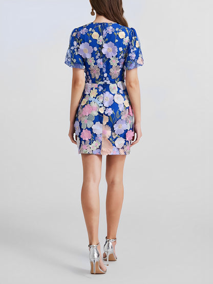 Flower Embroidered Puff Sleeves Mini Sheath Dress