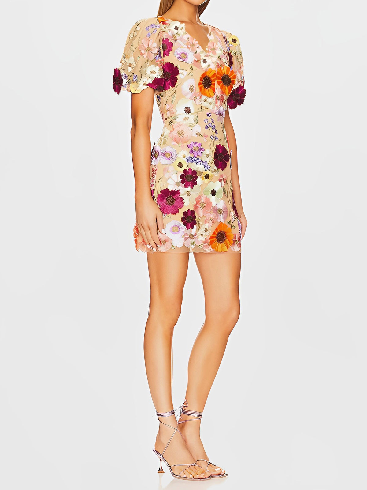 Flower Embroidered Puff Sleeves Mini Sheath Dress