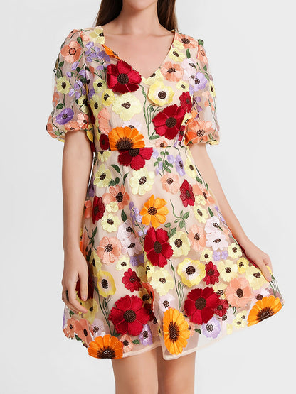 Flower Embroidered Puff Sleeves Mini A-Line Dress