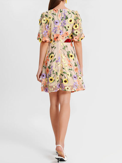 Flower Embroidered Puff Sleeves Mini A-Line Dress