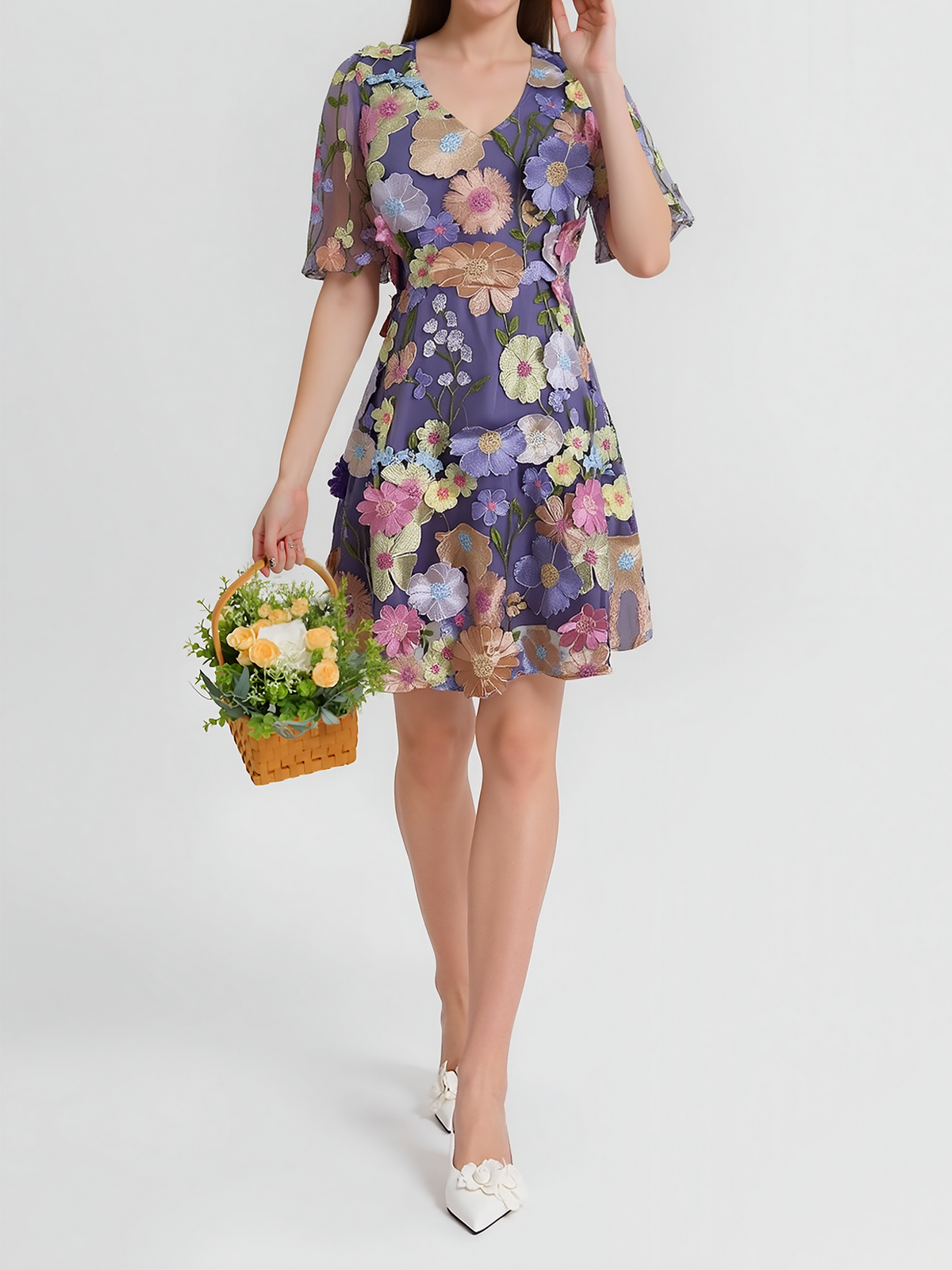 Flower Embroidered Puff Sleeves Mini A-Line Dress