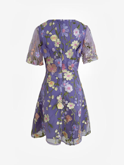 Flower Embroidered Puff Sleeves Mini A-Line Dress