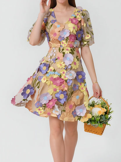 Flower Embroidered Puff Sleeves Mini A-Line Dress