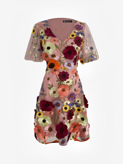 Flower Embroidered Puff Sleeves Mini A-Line Dress