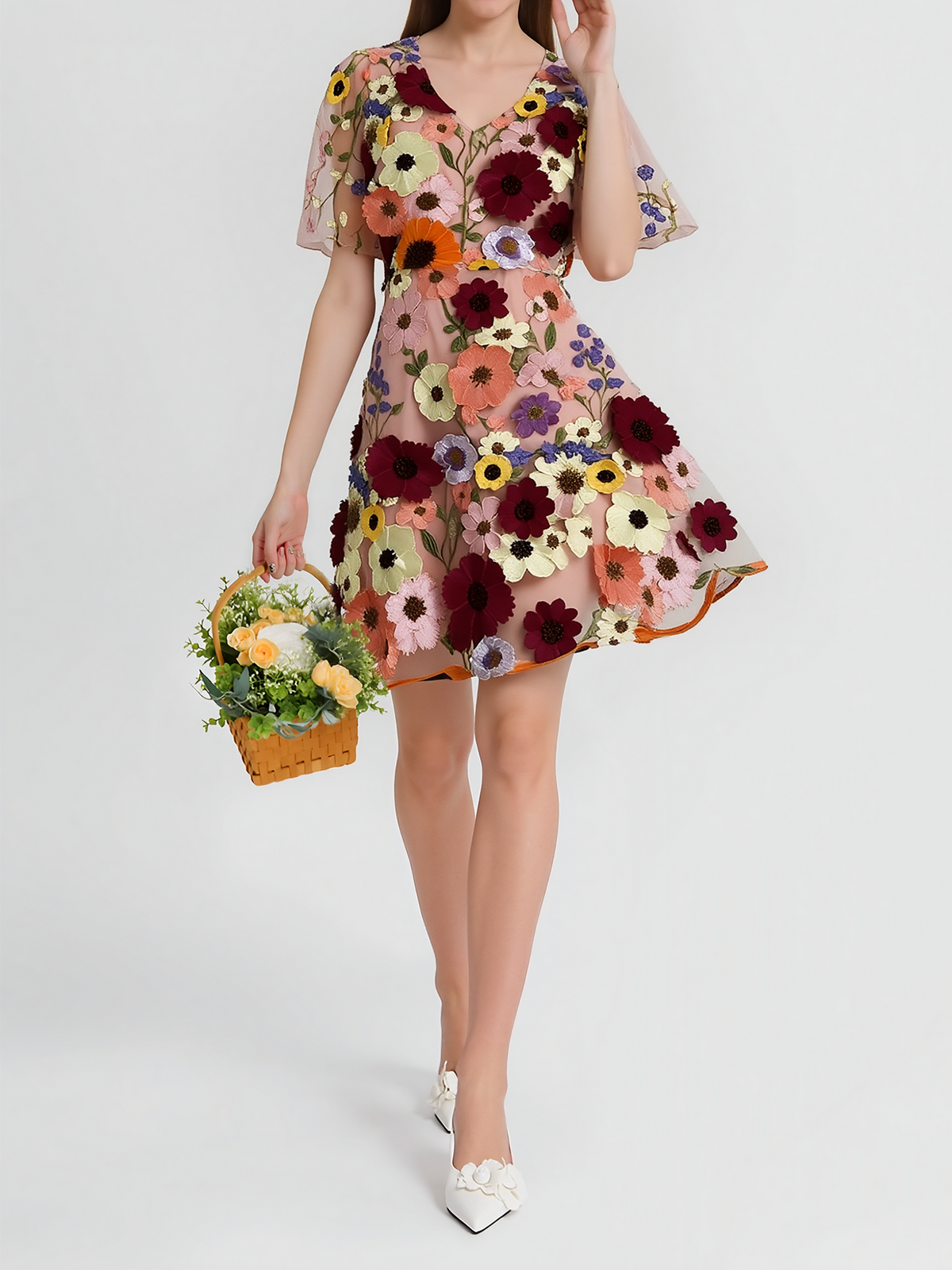 Flower Embroidered Puff Sleeves Mini A-Line Dress