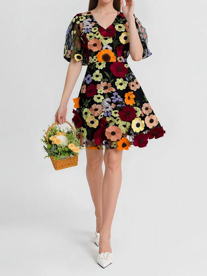 Flower Embroidered Puff Sleeves Mini A-Line Dress