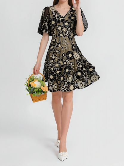 Flower Embroidered Puff Sleeves Mini A-Line Dress