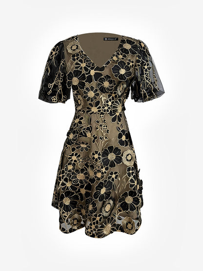 Flower Embroidered Puff Sleeves Mini A-Line Dress