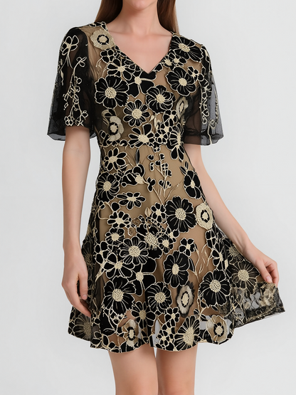 Flower Embroidered Puff Sleeves Mini A-Line Dress