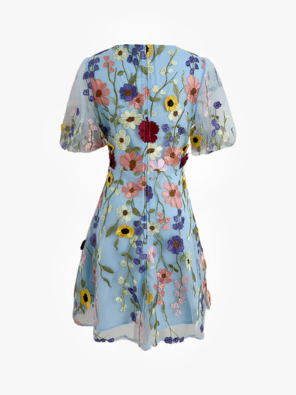 Flower Embroidered Puff Sleeves Mini A-Line Dress