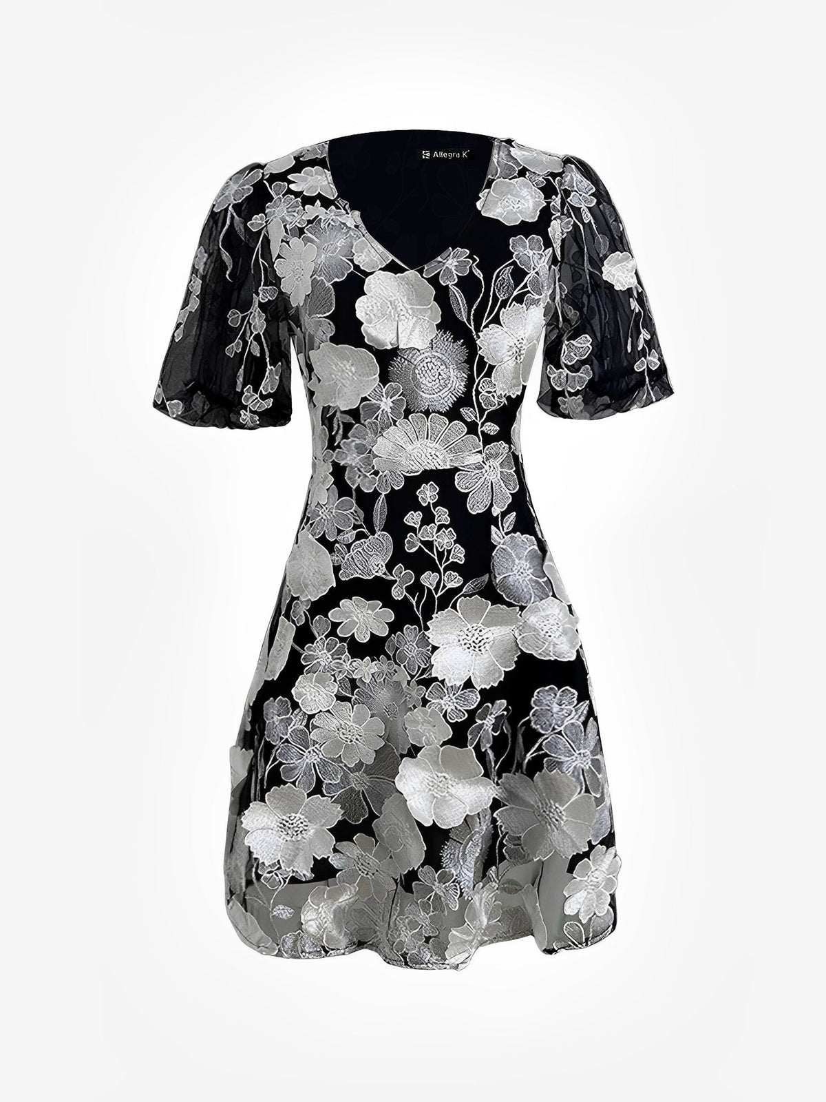 Flower Embroidered Puff Sleeves Mini A-Line Dress