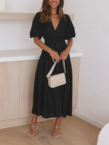 Solid Color V Neck Lantern Sleeve Tiered Maxi Dress