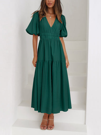 Solid Color V Neck Lantern Sleeve Tiered Maxi Dress