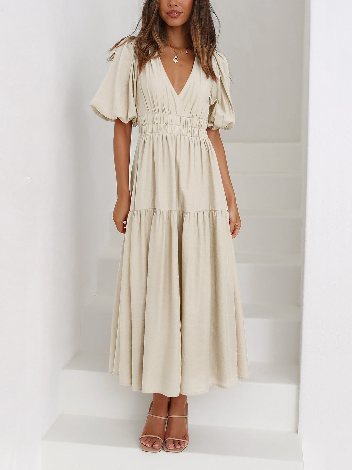 Solid Color V Neck Lantern Sleeve Tiered Maxi Dress