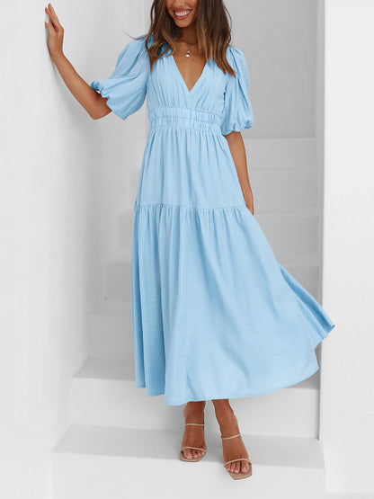 Solid Color V Neck Lantern Sleeve Tiered Maxi Dress