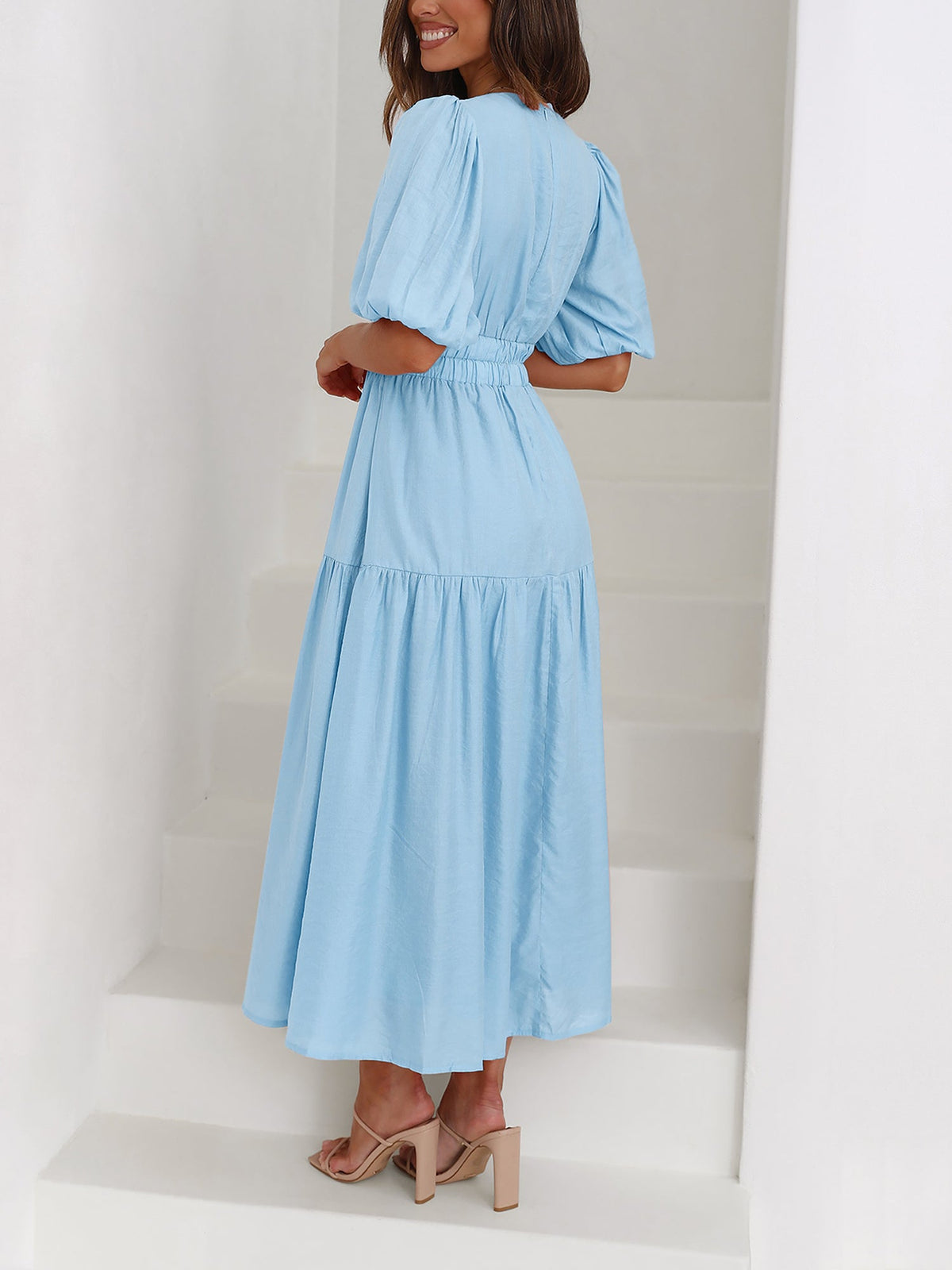 Solid Color V Neck Lantern Sleeve Tiered Maxi Dress