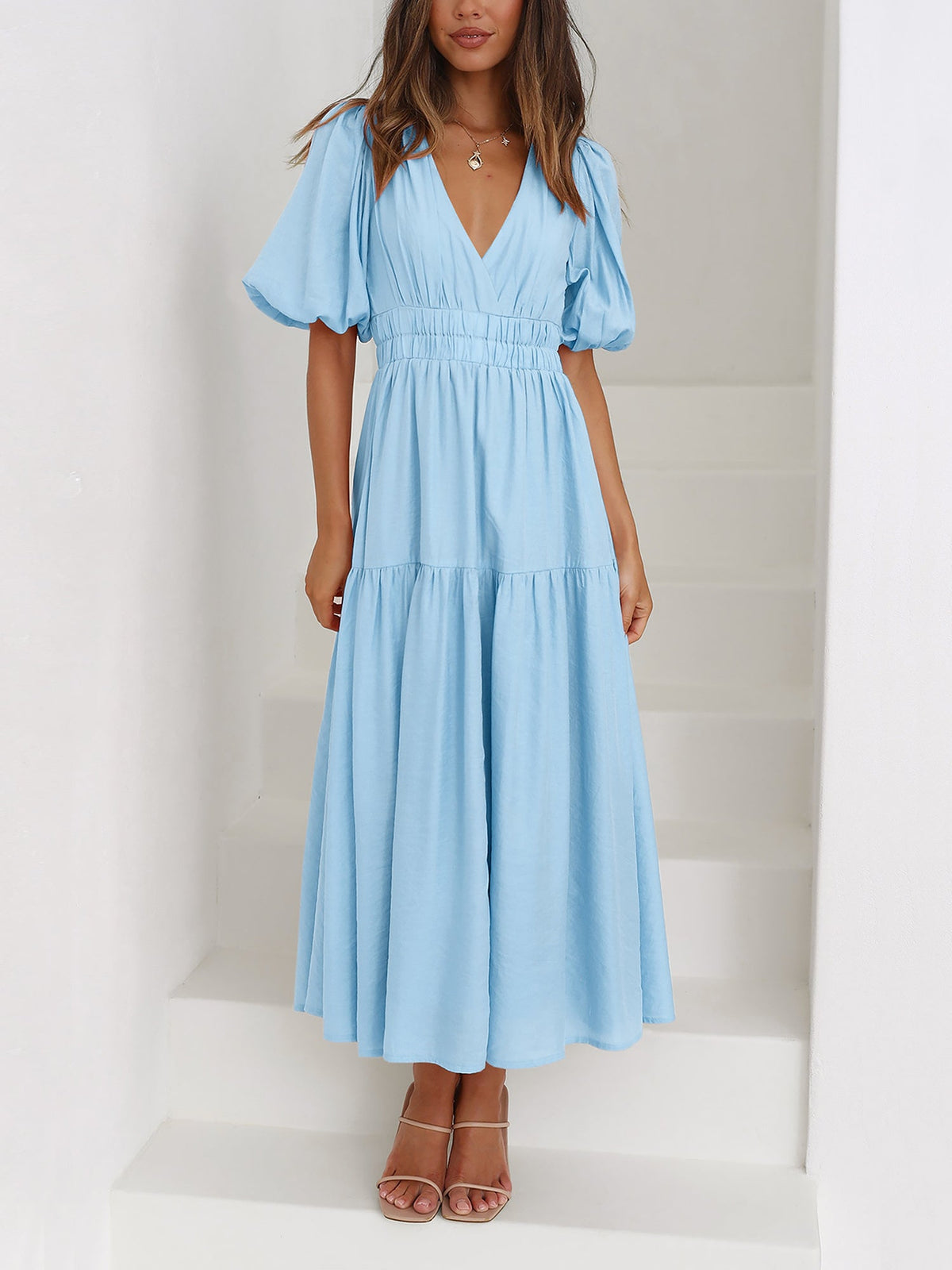Solid Color V Neck Lantern Sleeve Tiered Maxi Dress