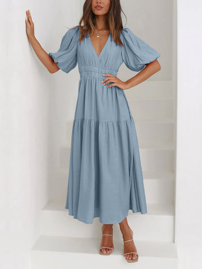 Solid Color V Neck Lantern Sleeve Tiered Maxi Dress