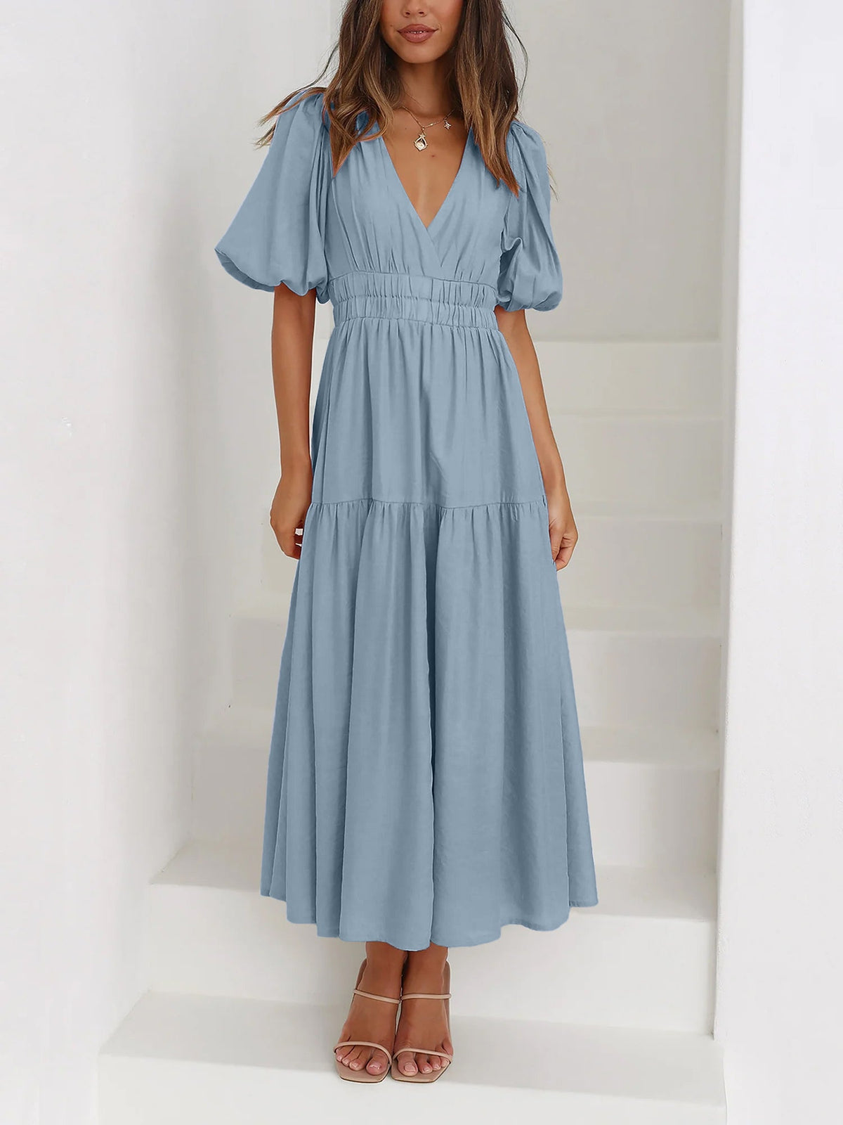 Solid Color V Neck Lantern Sleeve Tiered Maxi Dress