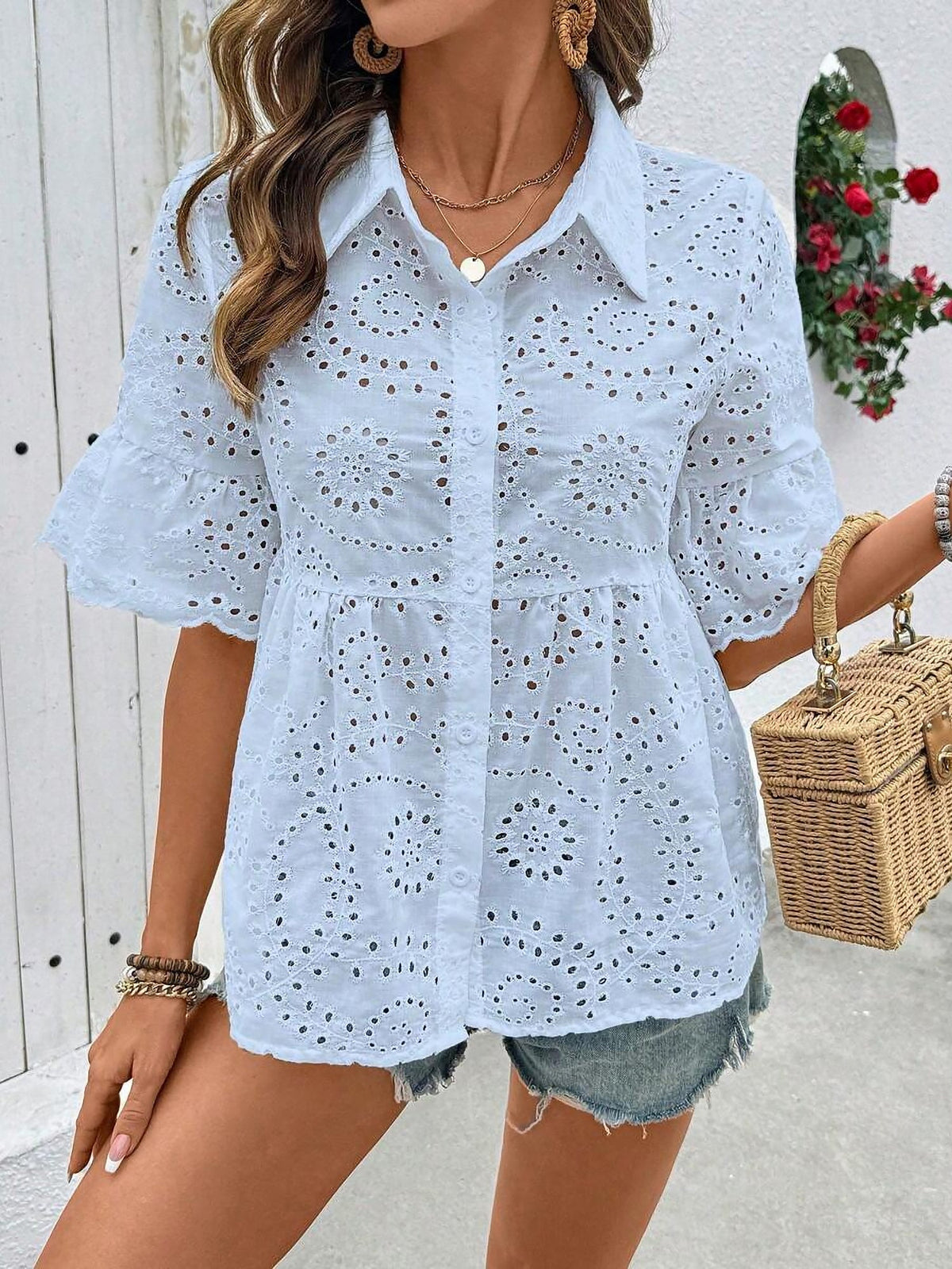 Eyelet Mid Sleeves Button Down Babydoll Blouse