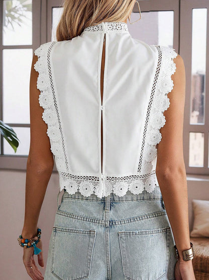 Lace Trim Embroidered Sleeveless Cropped Blouse
