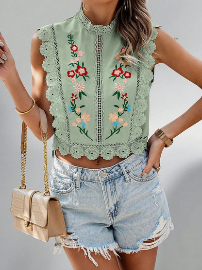 Lace Trim Embroidered Sleeveless Cropped Blouse