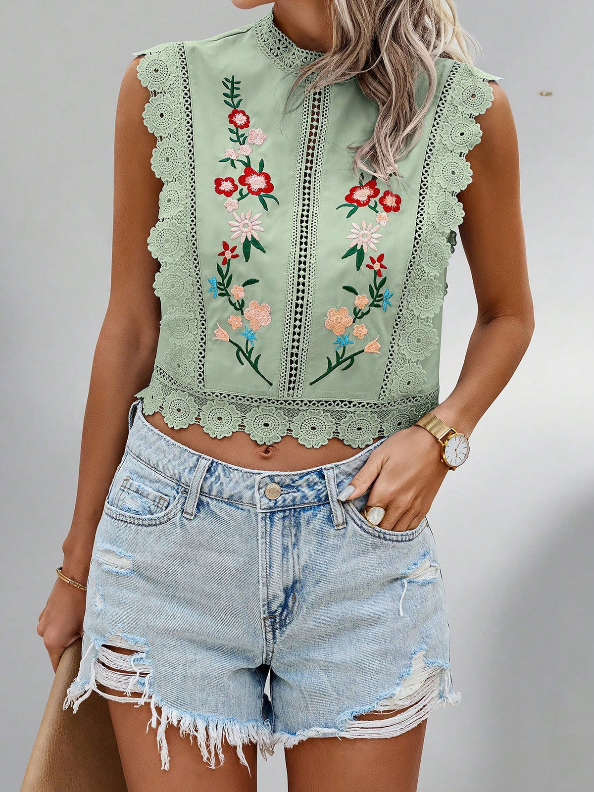 Lace Trim Embroidered Sleeveless Cropped Blouse