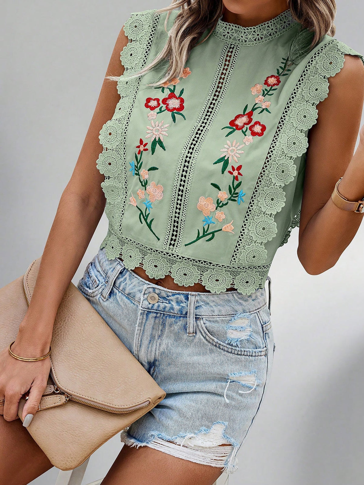 Lace Trim Embroidered Sleeveless Cropped Blouse