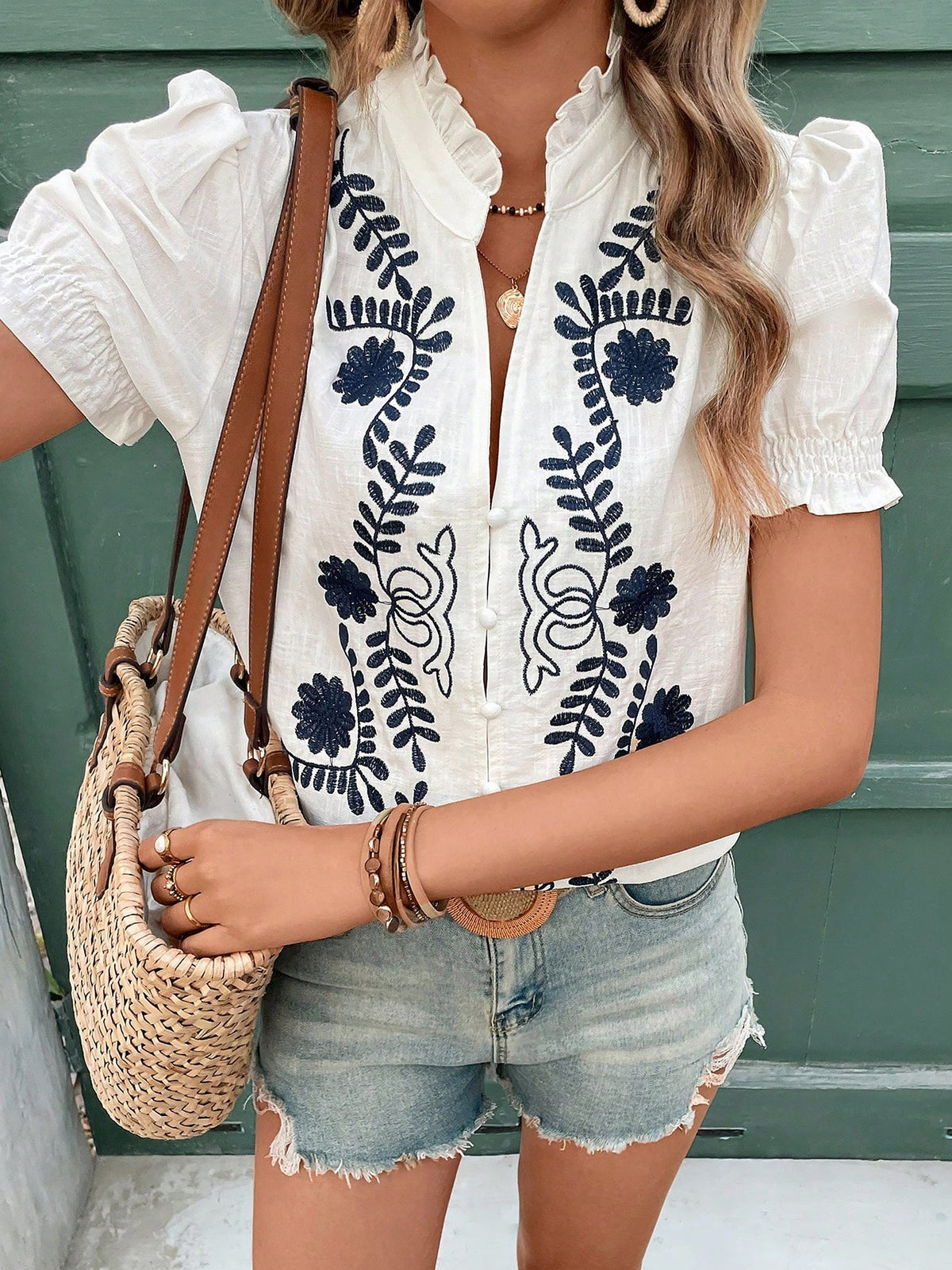 Floral Embroidered Rufffled Short Sleeve Blouse