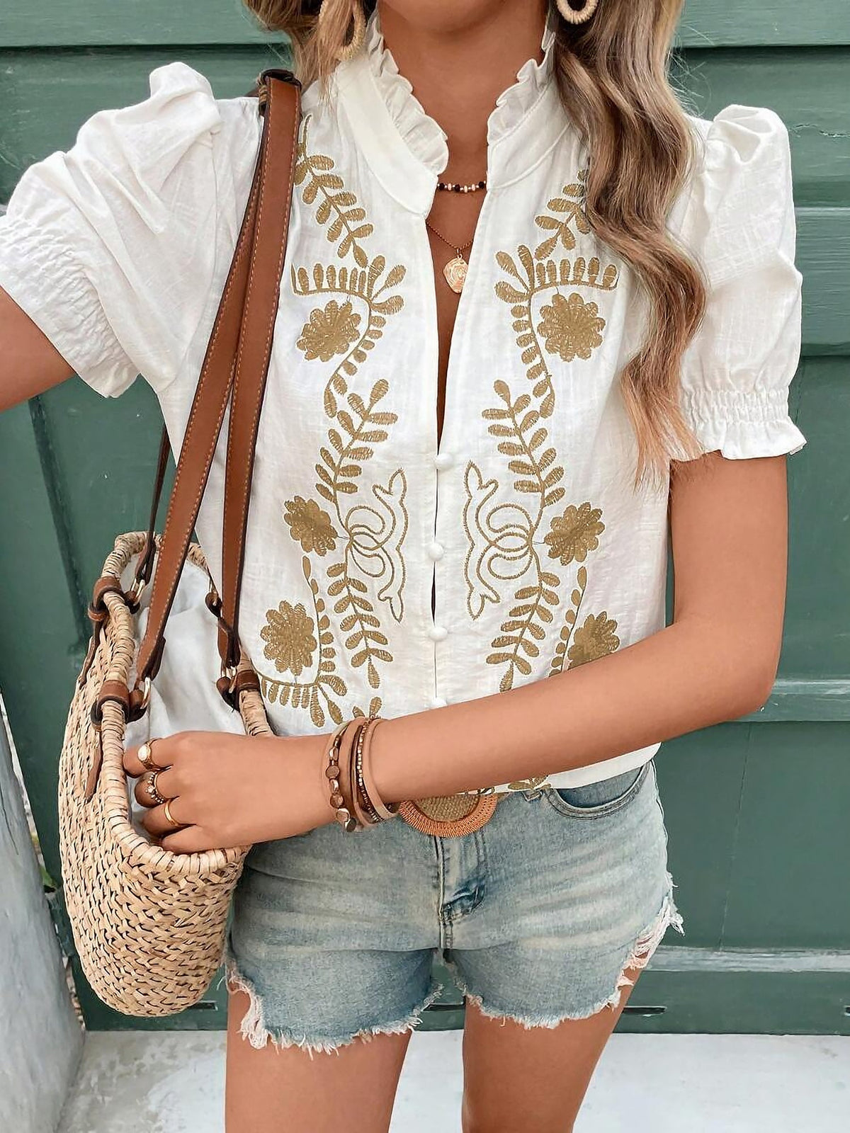 Floral Embroidered Rufffled Short Sleeve Blouse