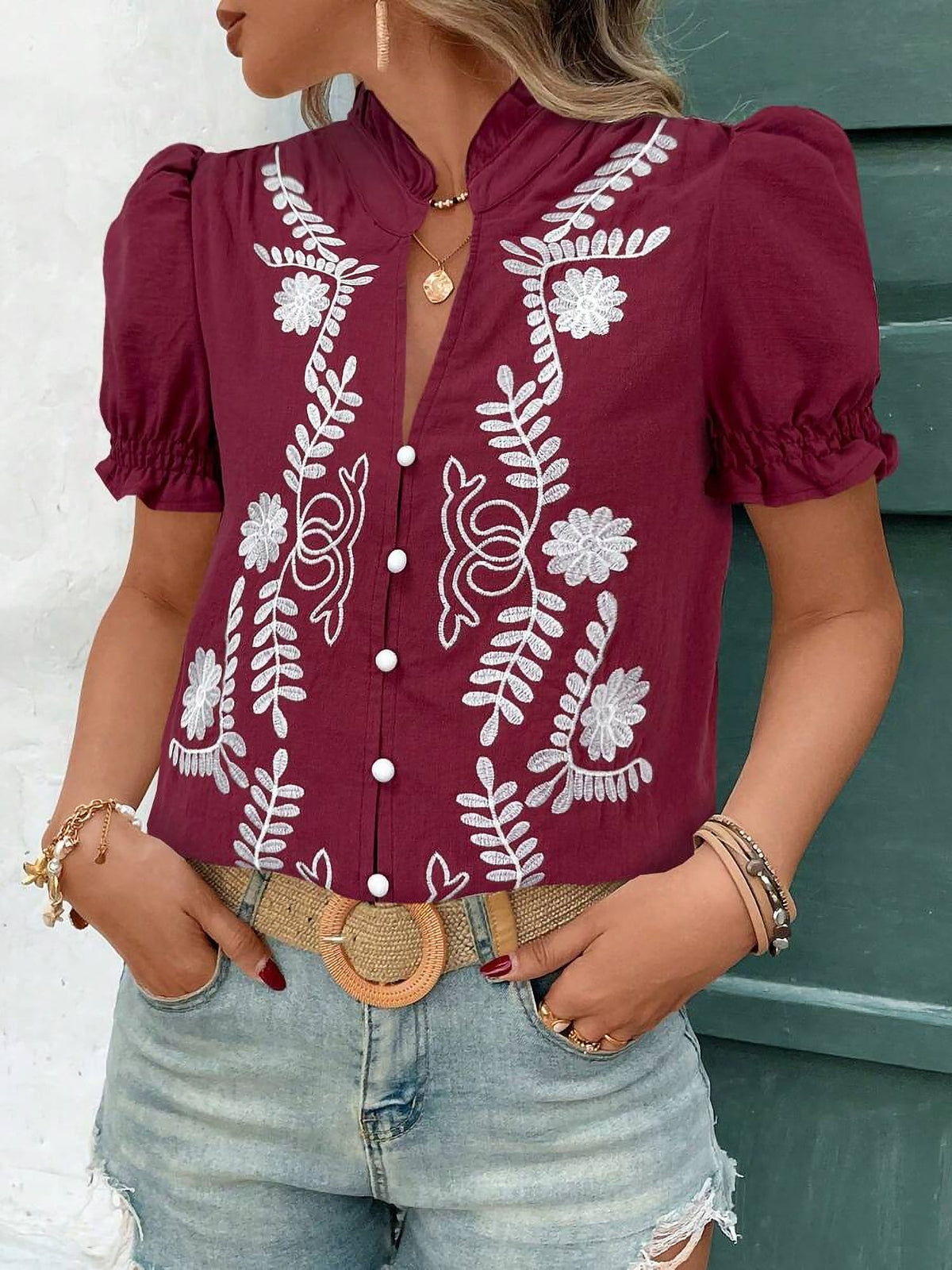 Floral Embroidered Rufffled Short Sleeve Blouse