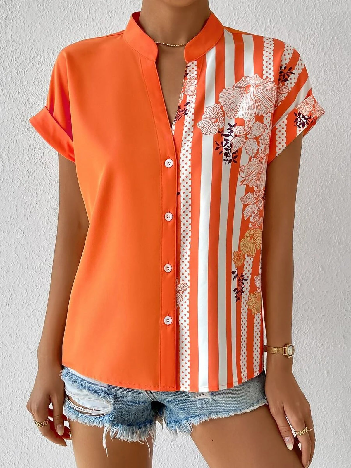 Floral Button Down Short Sleeves Casual Blouse
