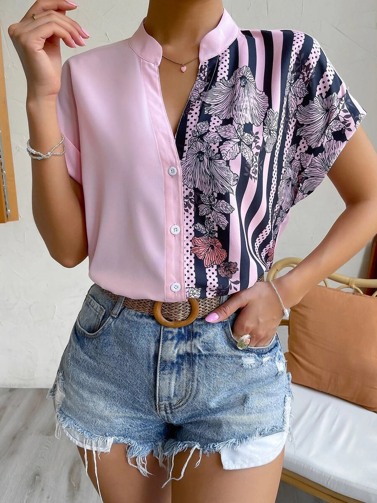 Floral Button Down Short Sleeves Casual Blouse