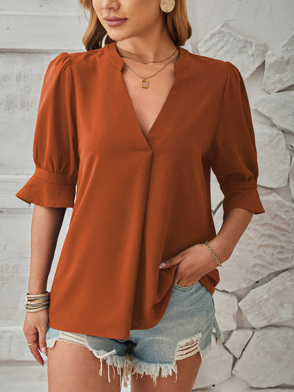 Solid Color V Neck 3/4 Sleeve Casual Blouse