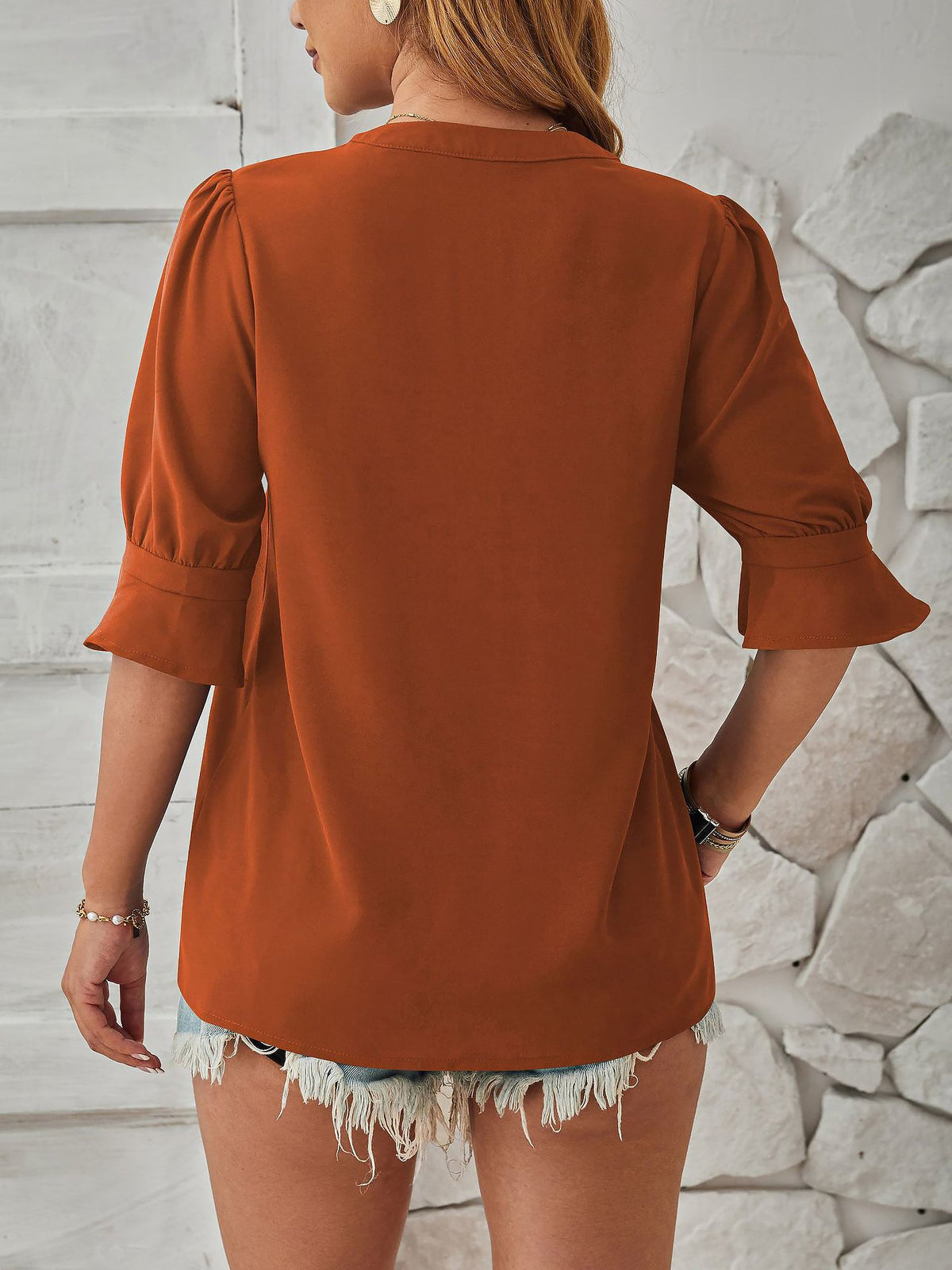Solid Color V Neck 3/4 Sleeve Casual Blouse