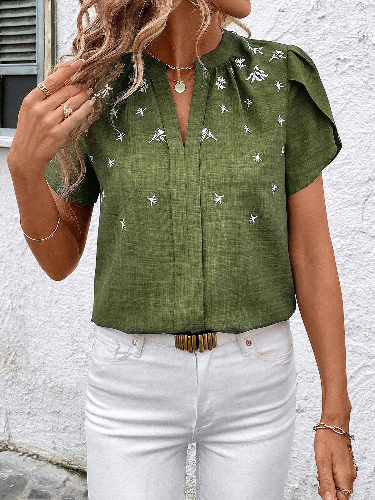 Notch Neck Embroidered Floral Casual Blouse