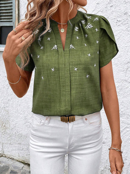 Notch Neck Embroidered Floral Casual Blouse