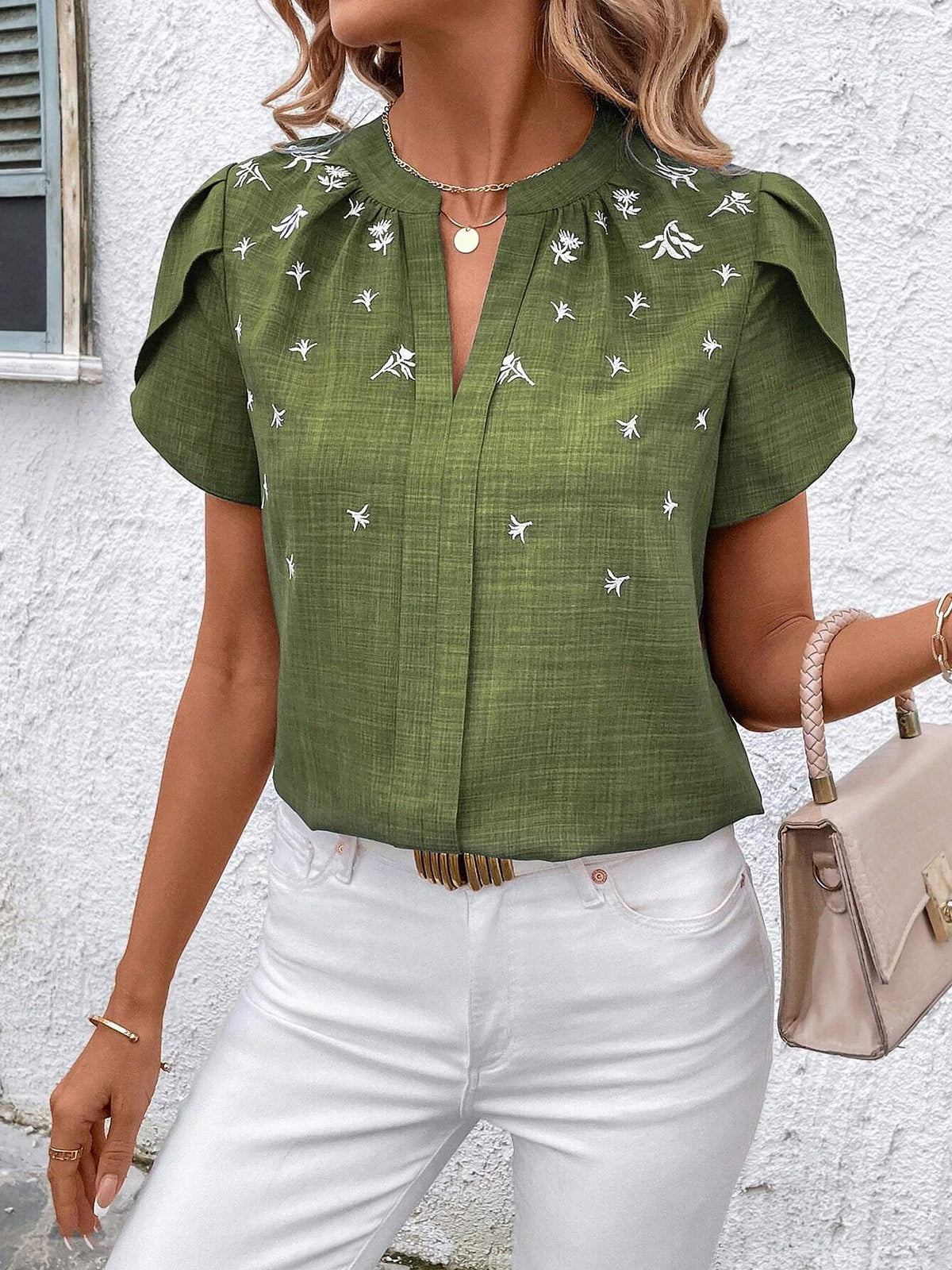 Notch Neck Embroidered Floral Casual Blouse