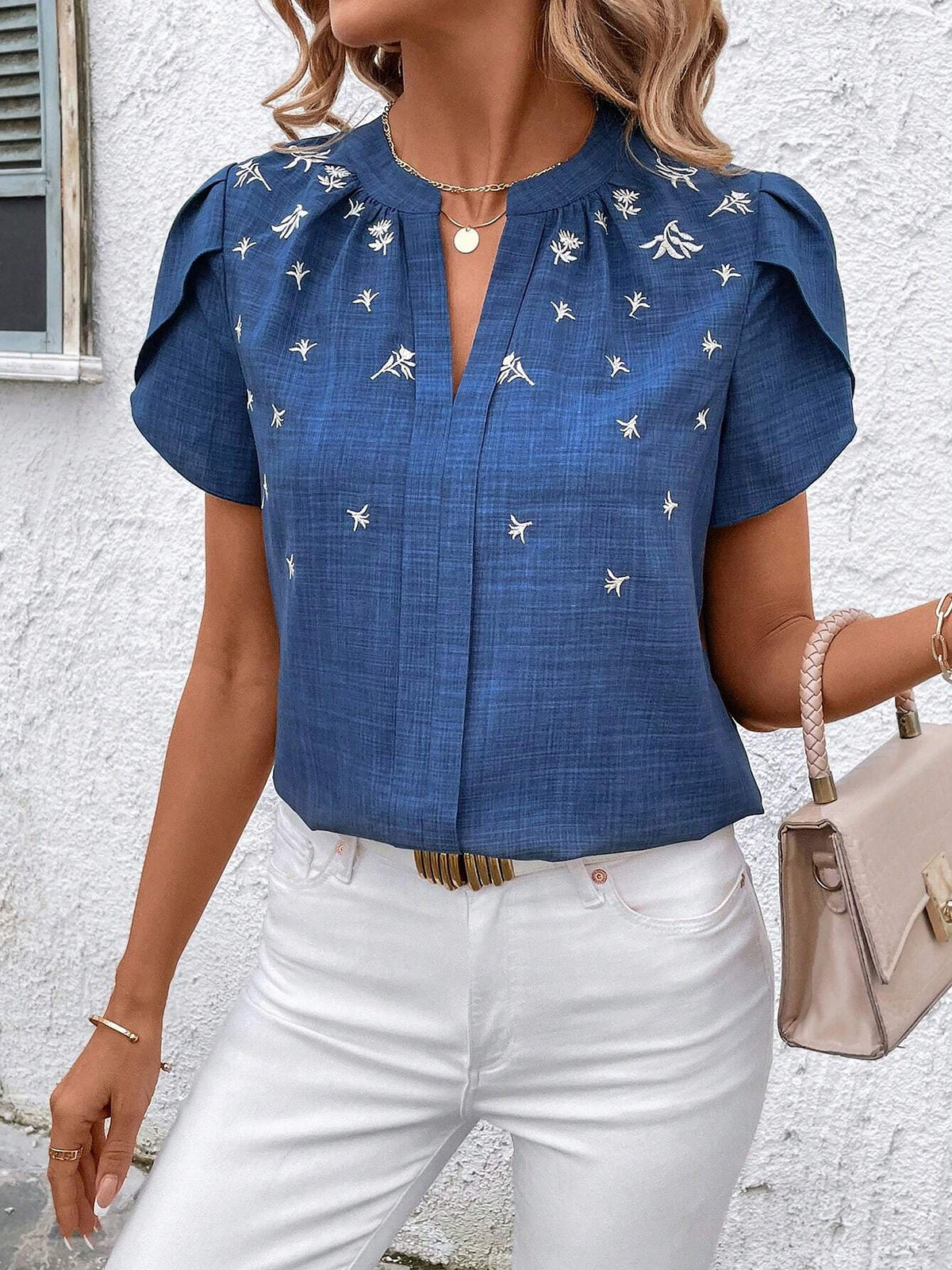 Notch Neck Embroidered Floral Casual Blouse