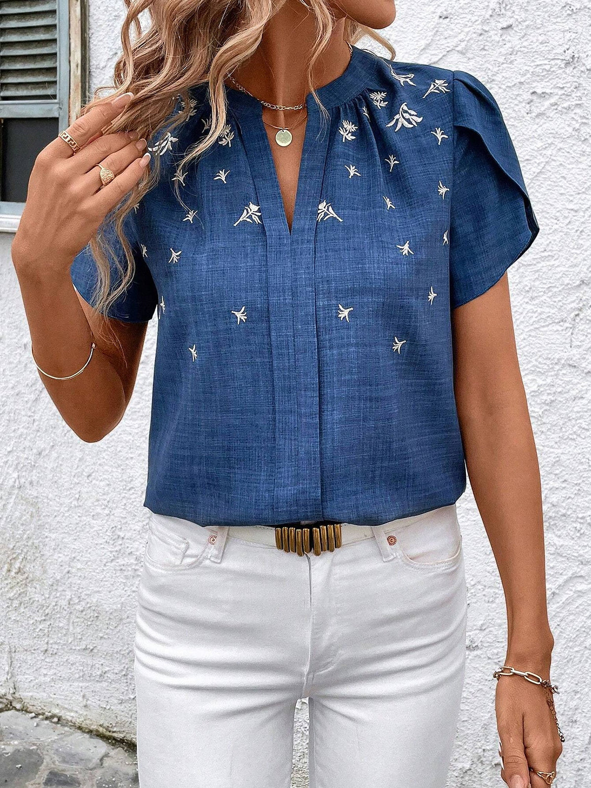 Notch Neck Embroidered Floral Casual Blouse