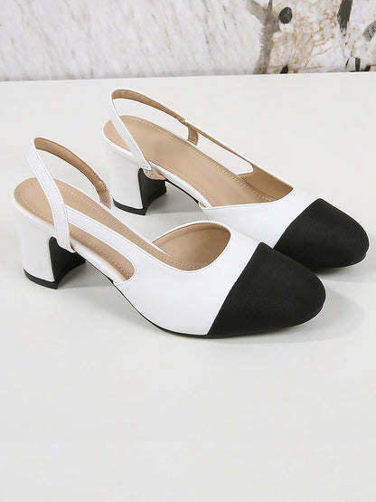 Colorblock Round Toe Chunky Heel Slingback Pumps